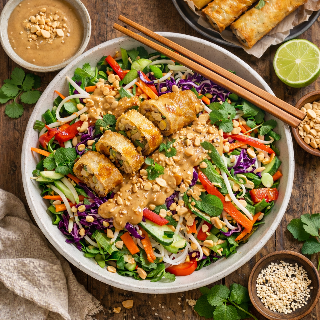 Einführung in den knusprigen Frühlingsrollen-Salat mit cremigem Erdnussdressing
