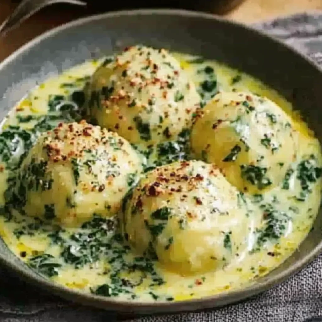 Kartoffelknödel mit Spinat Käse Soße – herzhaft & cremig