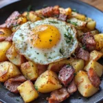Bratkartoffel Leberkäse Auflauf mit Spiegelei