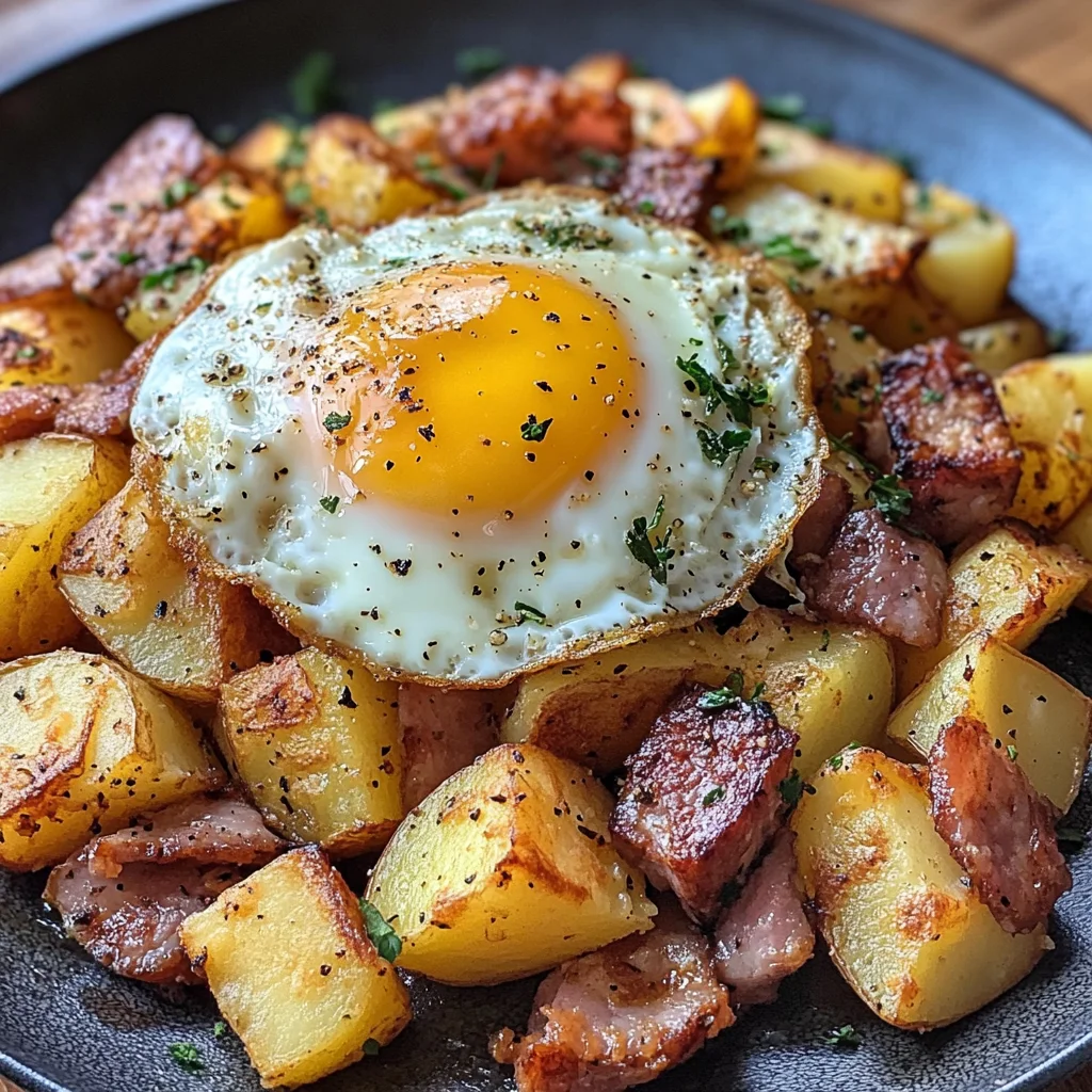 Bratkartoffel Leberkäse Auflauf mit Spiegelei