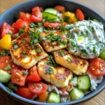 Halloumi bowl mit reis und tzatziki