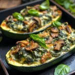Spinat, Pilz und Ricotta gefüllte Zucchini-Boote
