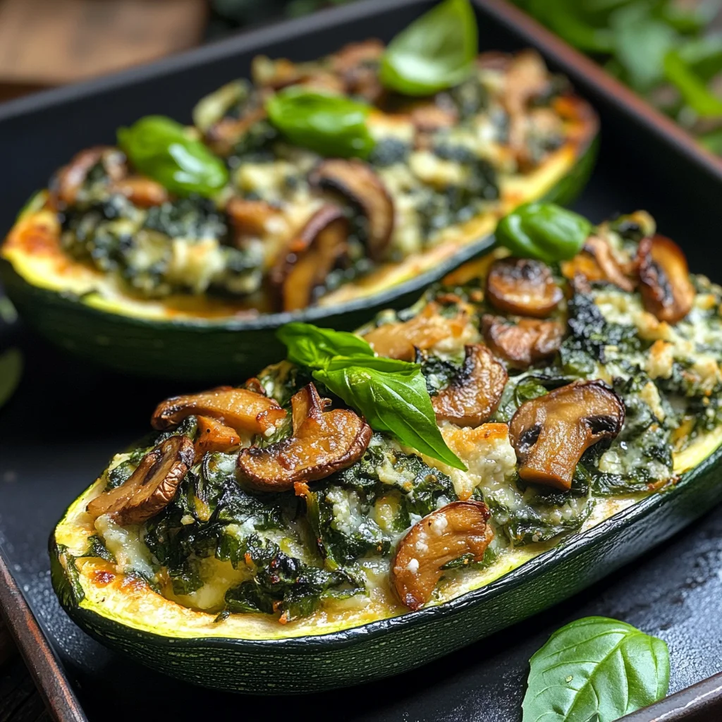 Spinat, Pilz und Ricotta gefüllte Zucchini-Boote